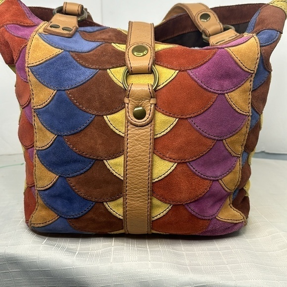 LUCKY BRAND MultiColor Scallop Patchwork Leather Shoulder Boho Tote - Picture 6 of 11
